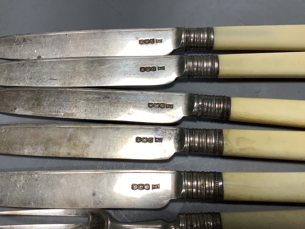 Five pairs of George V ivory handled silver dessert eaters and one other fork, Walker & Hall, Sheffield, 1919.